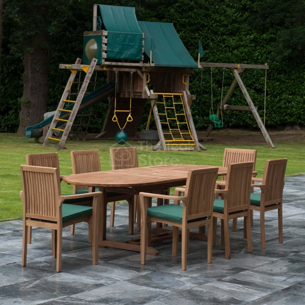 Arundel Teak Garden Furniture 8 Seat Extending Dining Set with Stacking Chairs