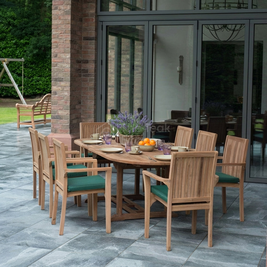 Arundel Teak Garden Furniture 8 Seat Extending Dining Set with Stacking Chairs