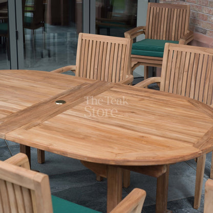 Arundel Teak Garden Furniture Dining Set 8 Seat Oval Extending Teak Table & Stacking Chairs