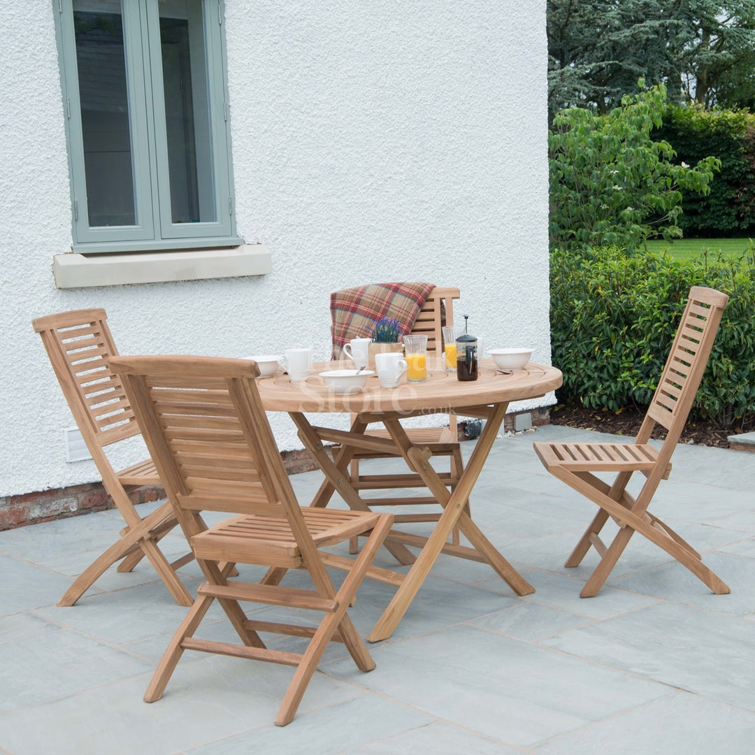 Ascot Teak Garden Furniture Dining Set Round Folding Table & Folding Chairs 4 Seat