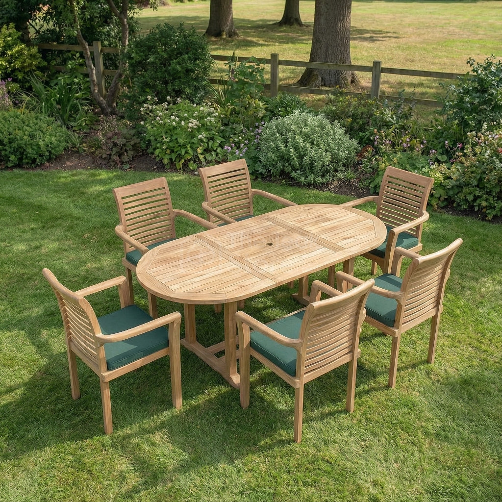 Harrington 6 Seat Teak Extending Dining Set with Stacking Chairs