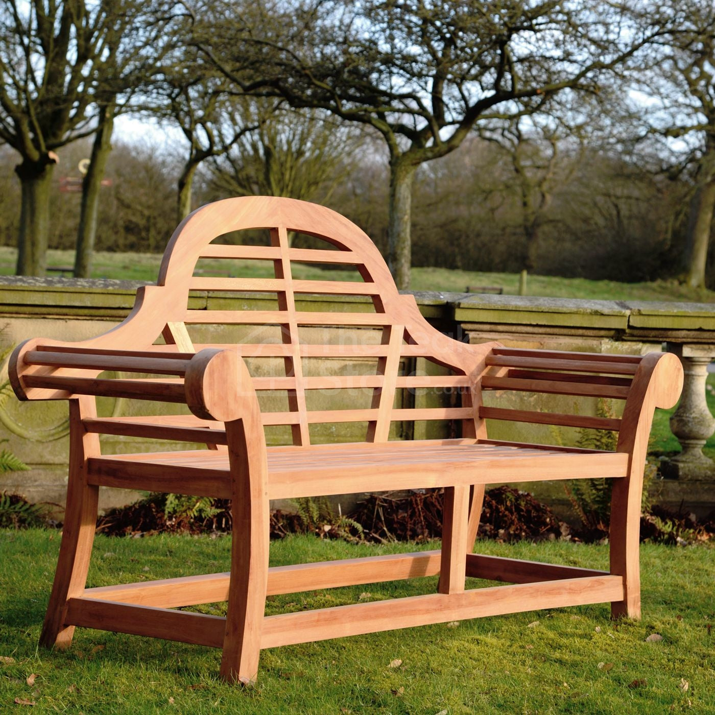 Angled view of Kyoto Edo teak bench showing clean lines and low-profile silhouette