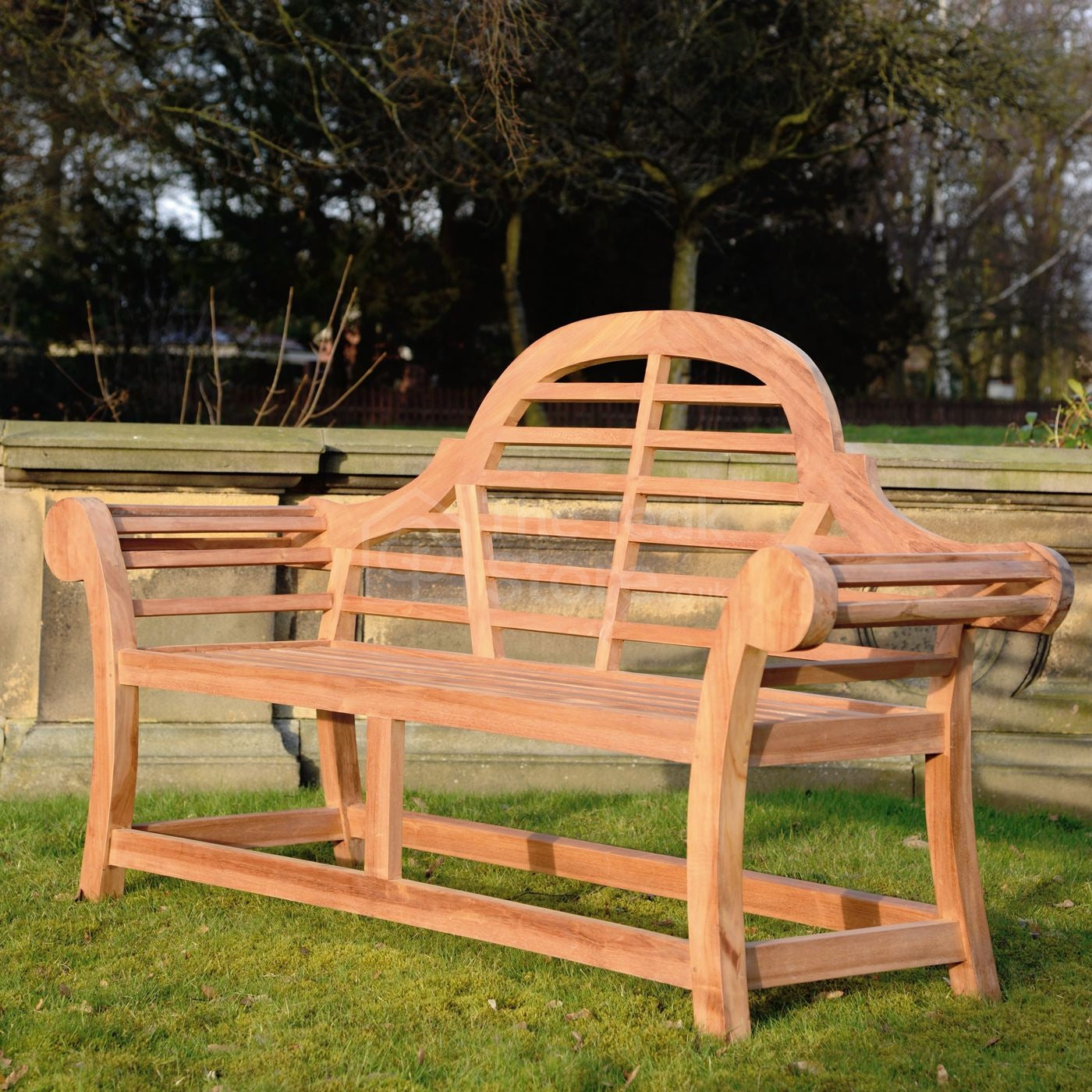 Kyoto Edo teak garden bench 3-seater placed in a landscaped garden setting
