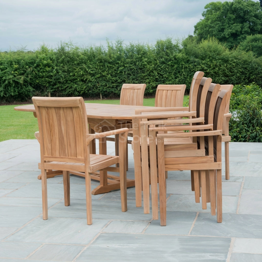 Ledbury Teak Garden Furniture 8 Seat Extending Dining Set with Stacking Chairs