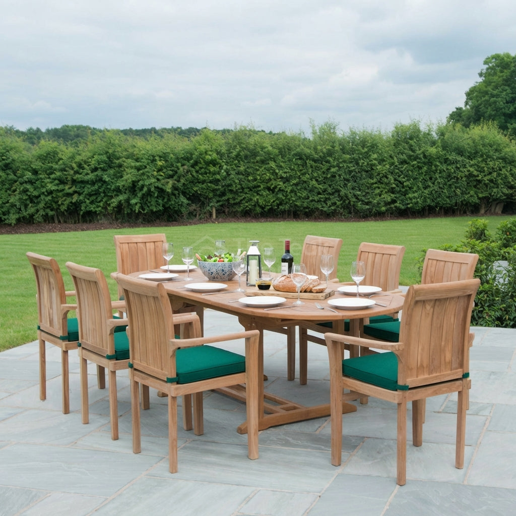 Ledbury Teak Garden Furniture 8 Seat Extending Dining Set with Stacking Chairs