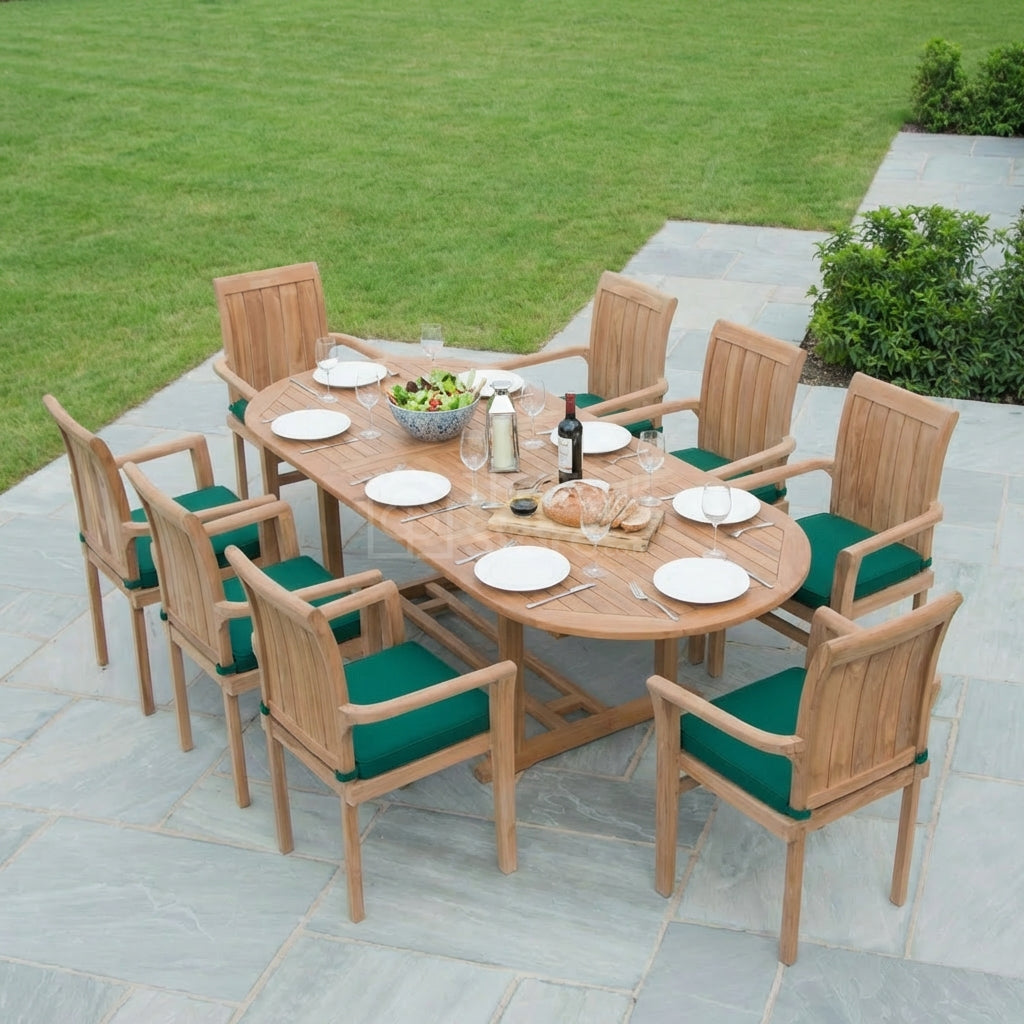 Ledbury Teak Garden Furniture 8 Seat Extending Dining Set with Stacking Chairs