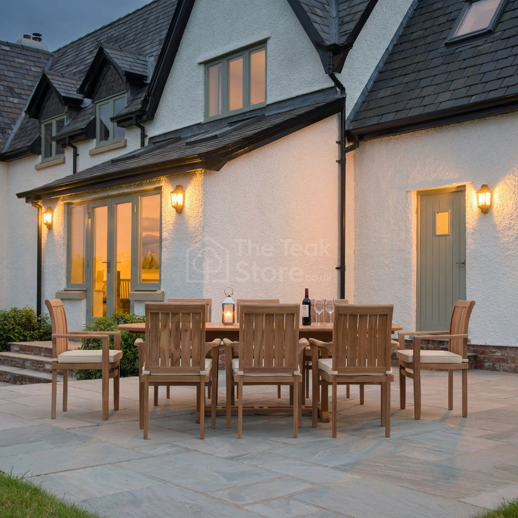 Ledbury Teak Garden Furniture 8 Seat Extending Dining Set with Stacking Chairs