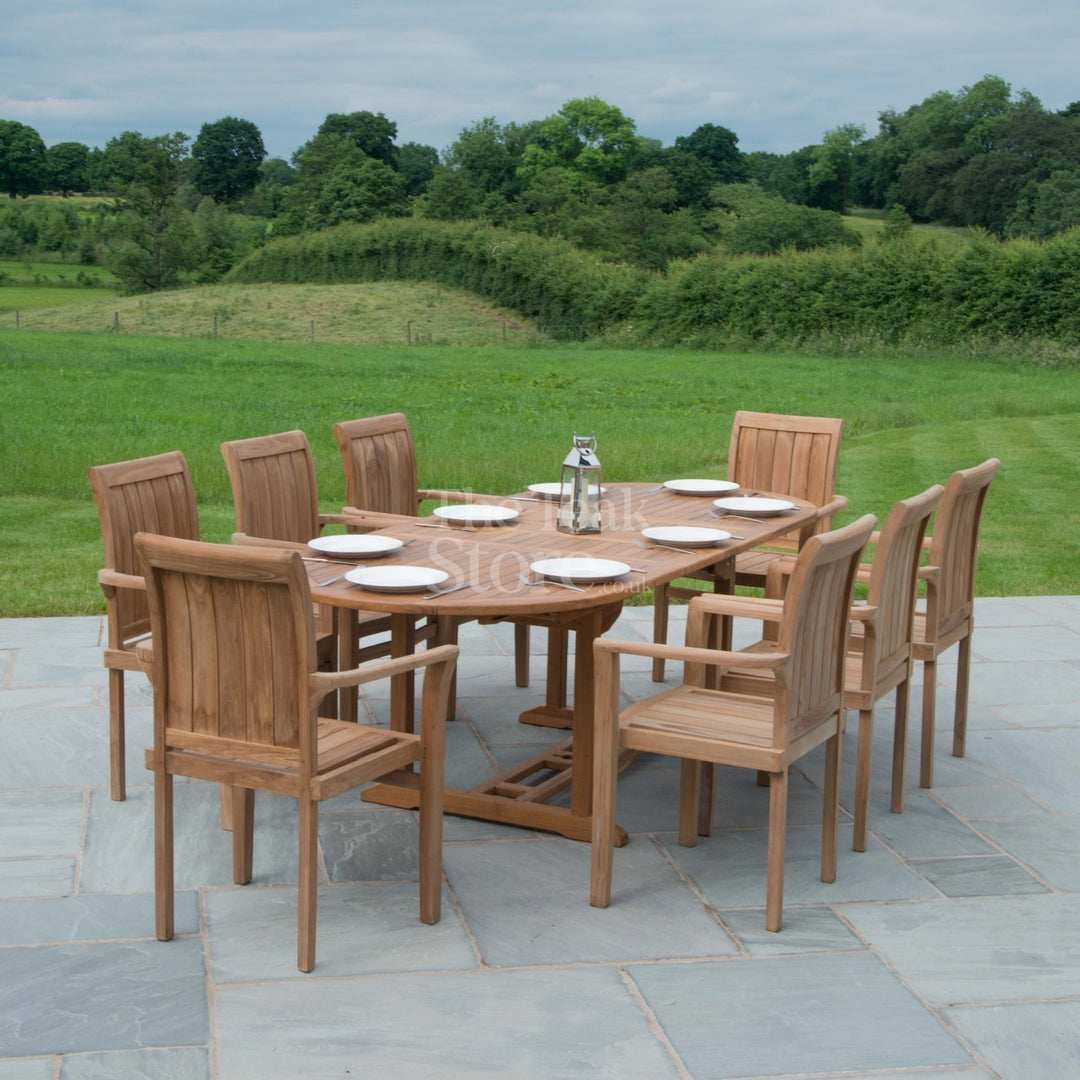 Teak Garden Furniture Dining Set 8 Seat Oval Extending Teak Table & Ledbury Stacking Chairs