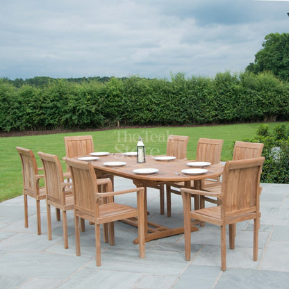 Teak Garden Furniture Dining Set 8 Seat Oval Extending Teak Table & Ledbury Stacking Chairs