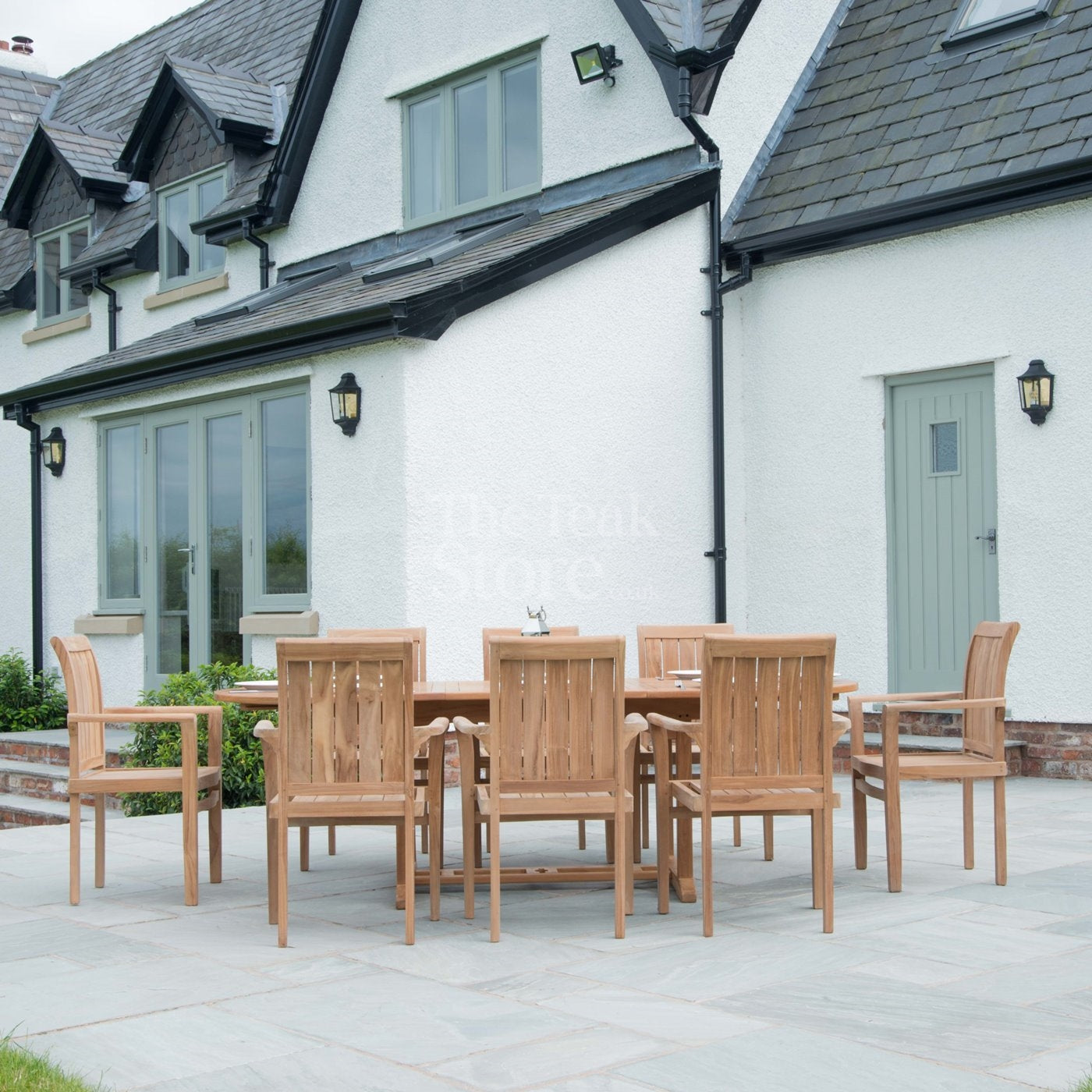 Teak Garden Furniture Dining Set 8 Seat Oval Extending Teak Table & Ledbury Stacking Chairs