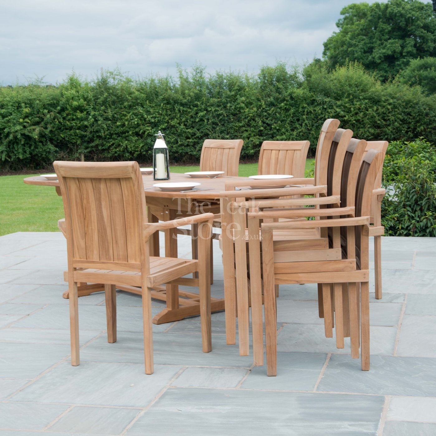 Teak Garden Furniture Dining Set 8 Seat Oval Extending Teak Table & Ledbury Stacking Chairs