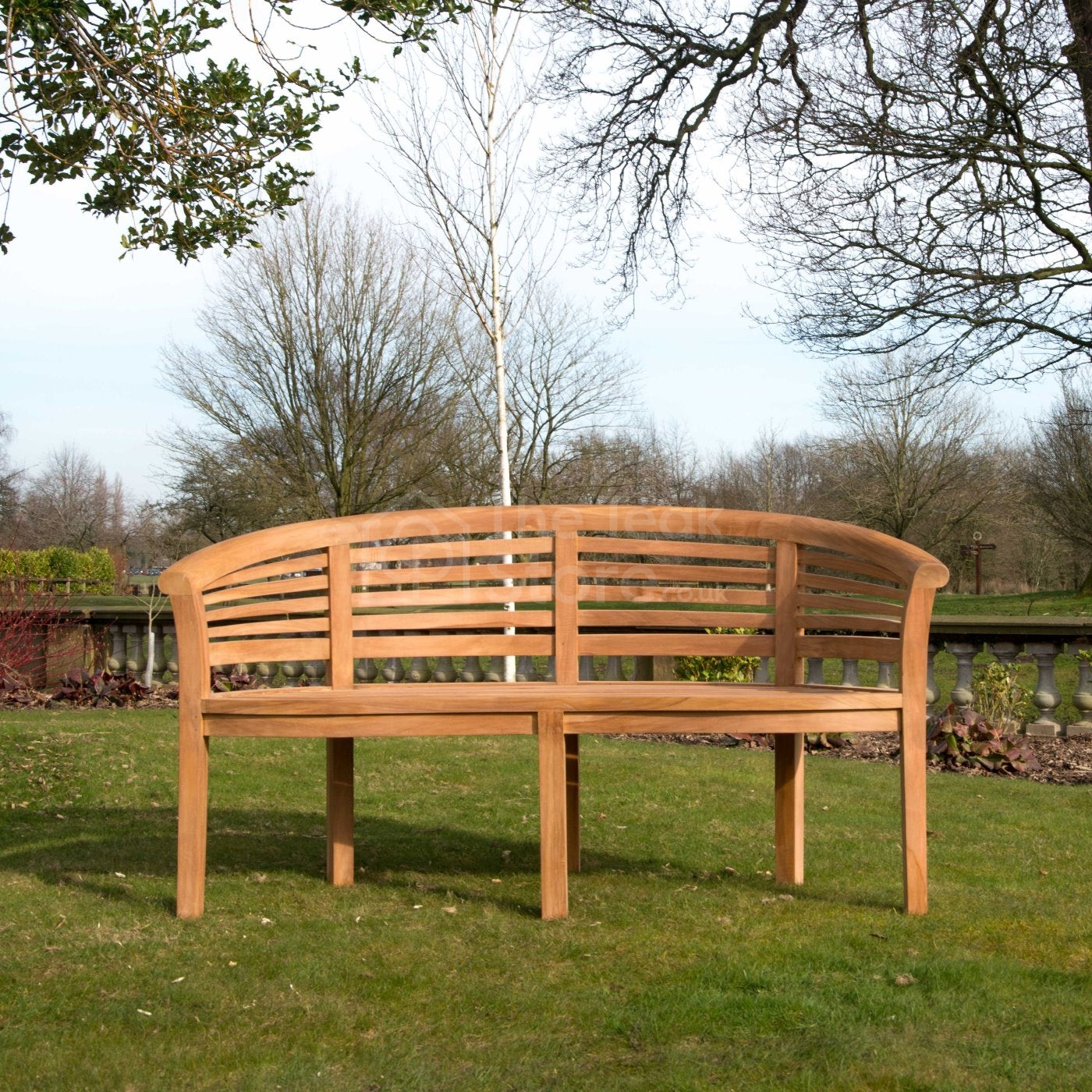 Front angled view of the Lewes 160cm teak banana bench.
