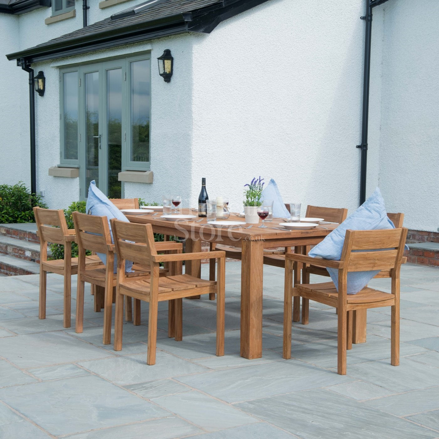 Cotswold Rustic Teak Garden Furniture Dining Set 8 Seat Stacking Chairs
