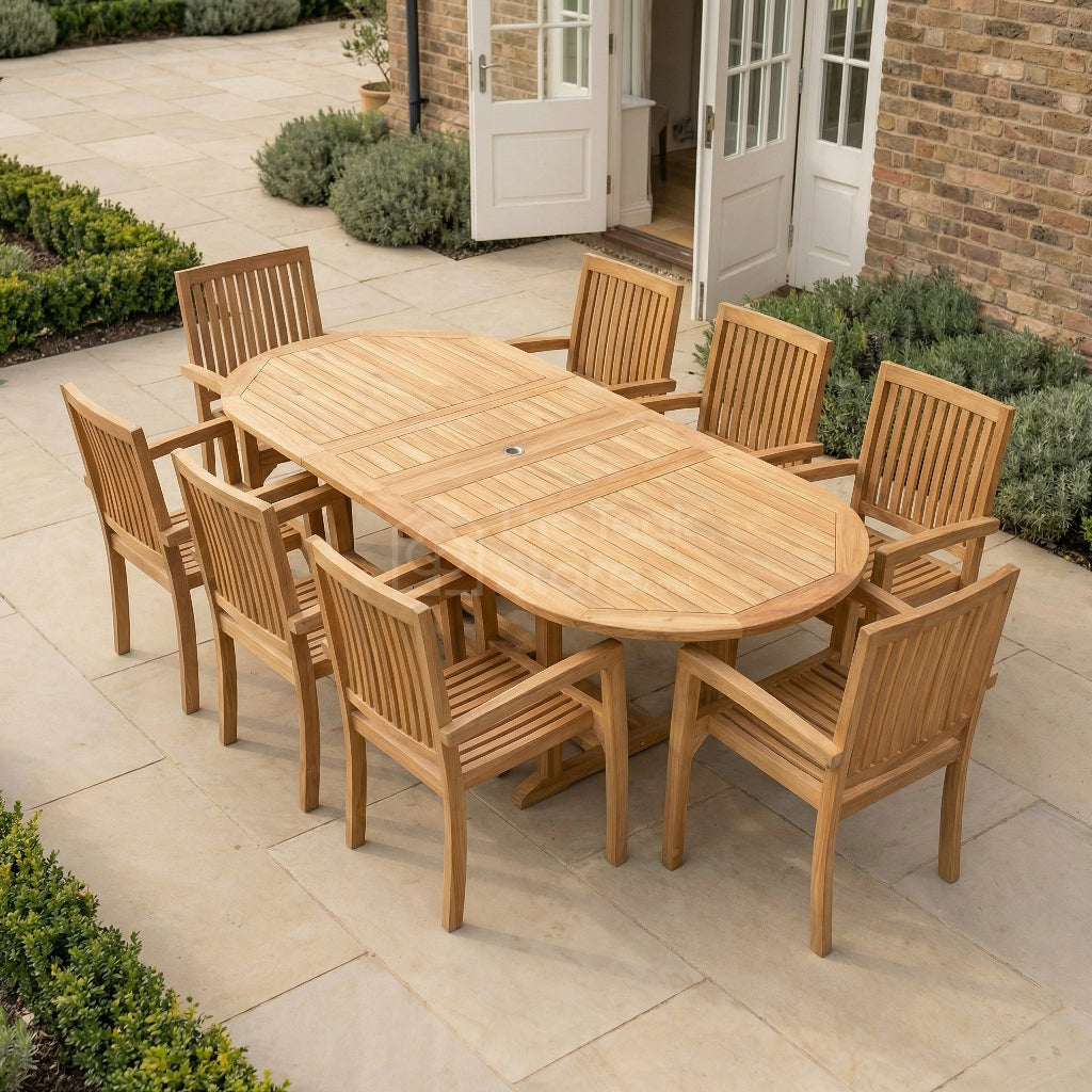 Westminster 8 Seat Teak Outdoor Extending Dining Set with Stacking Chairs