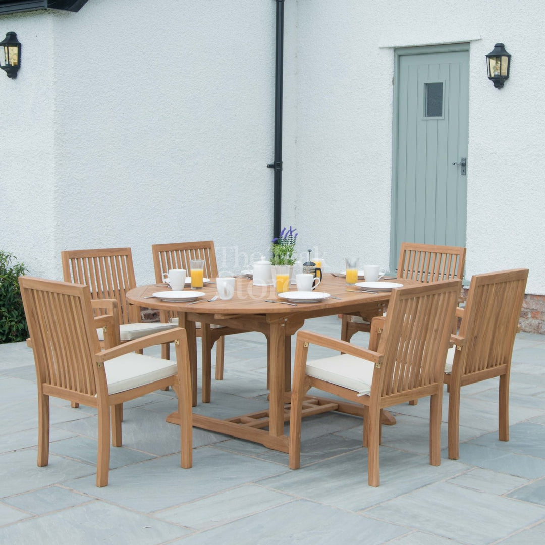 Teak Garden Furniture Dining Set 6 Seat Oval Extending Teak Table &  Winchester Stacking Chairs