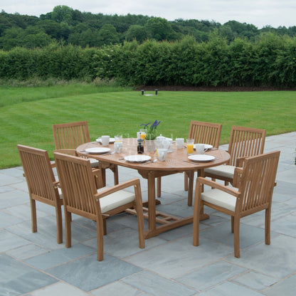 Teak Garden Furniture Dining Set 6 Seat Oval Extending Teak Table &  Winchester Stacking Chairs