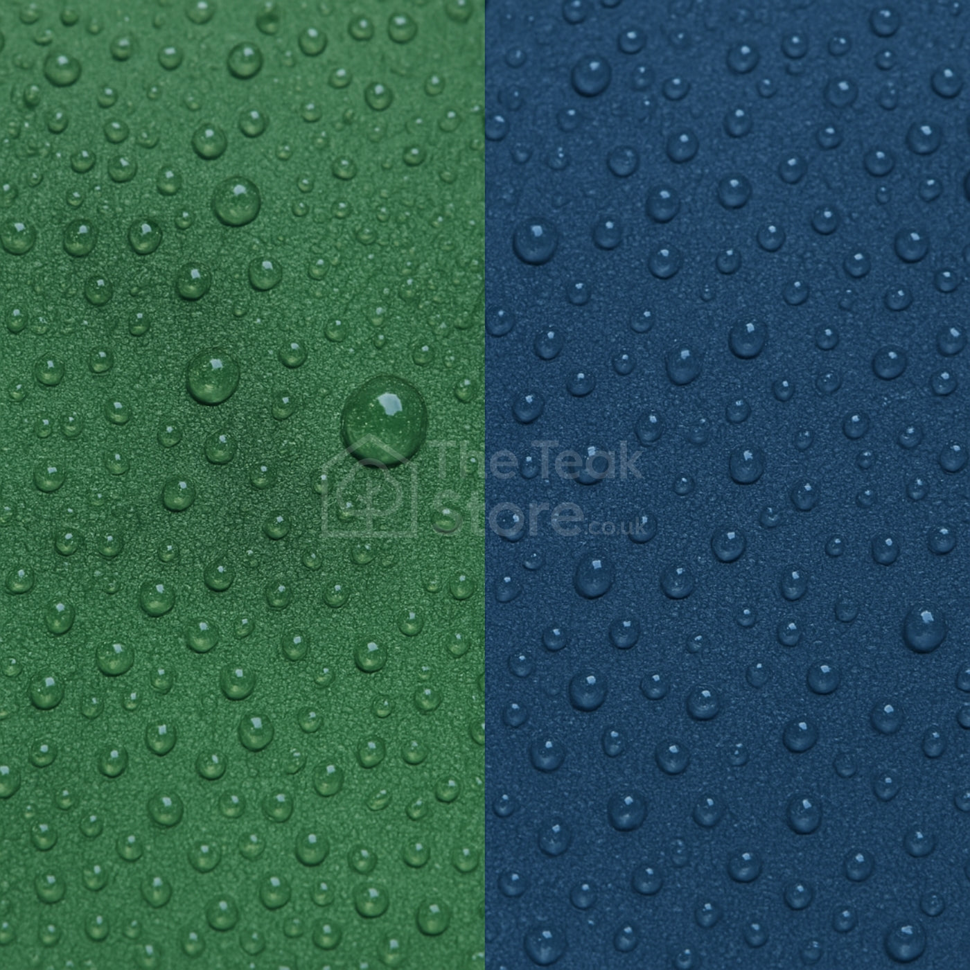 Close-up of WeatherWove fabric used for garden bench covers, shown in Forrest Green and Navy Blue with water droplets highlighting water resistance.