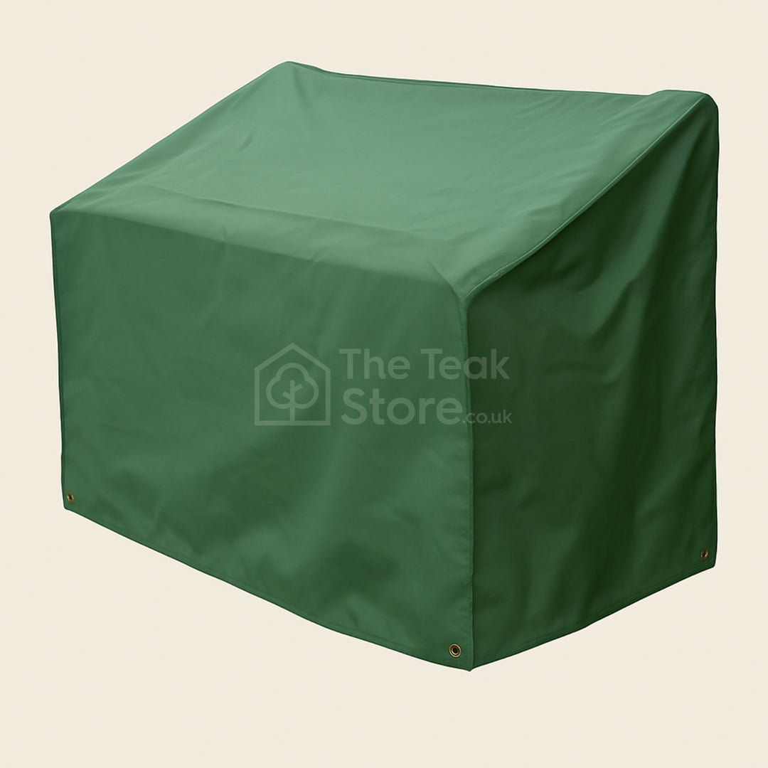 WeatherWove garden bench cover in Forrest Green, designed for all-season protection with heavy-duty fabric and secure eyelets.