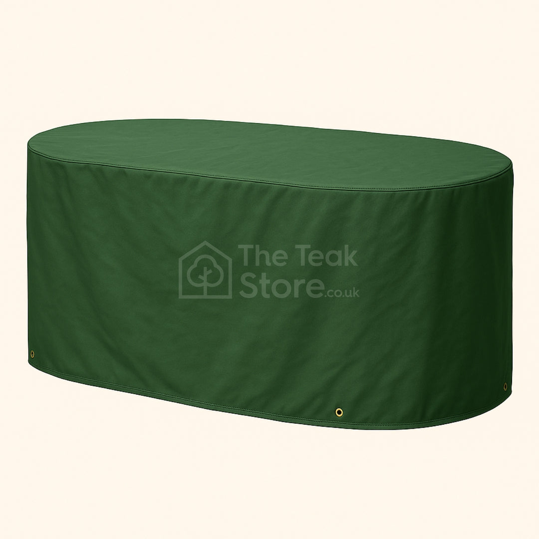 WeatherWove oval garden table cover in Forrest Green, fitted over 180–240cm extending teak table for all-season protection.