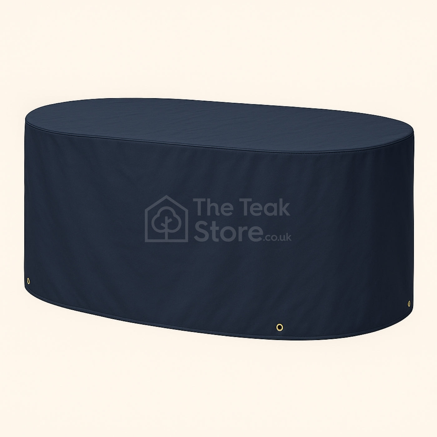 WeatherWove oval table cover in Navy Blue, designed for 180–240cm outdoor extending tables, shown with reinforced seams and secure fit.