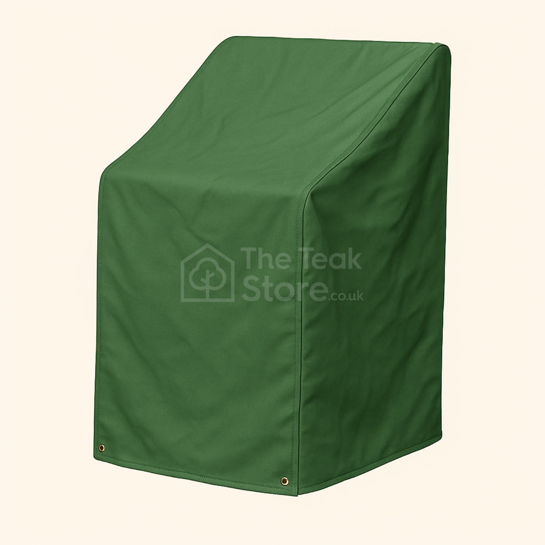 WeatherWove stacking chair cover in Forrest Green, shown covering up to 4 outdoor garden chairs.