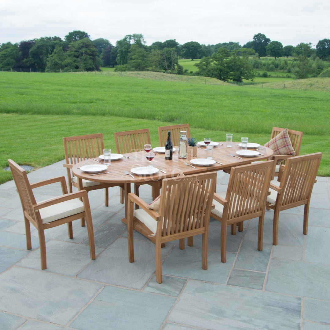 Clearance Winchester 8‑Seat Teak Garden Dining Set – Oval Double‑Extension Table & Stacking Chairs
