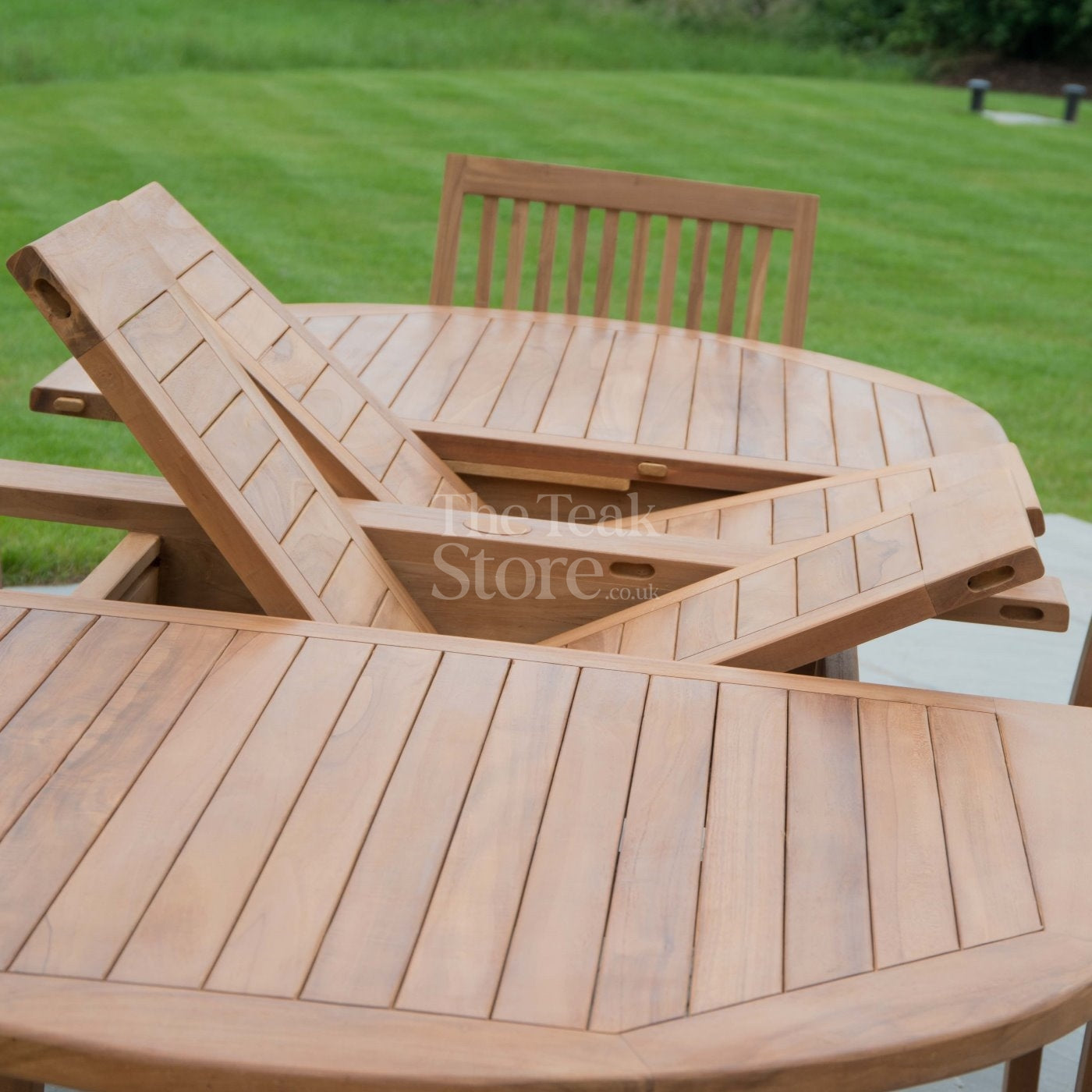 Teak Garden Furniture Dining Set 8 Seat Oval Extending Teak Table &  Winchester Stacking Chairs