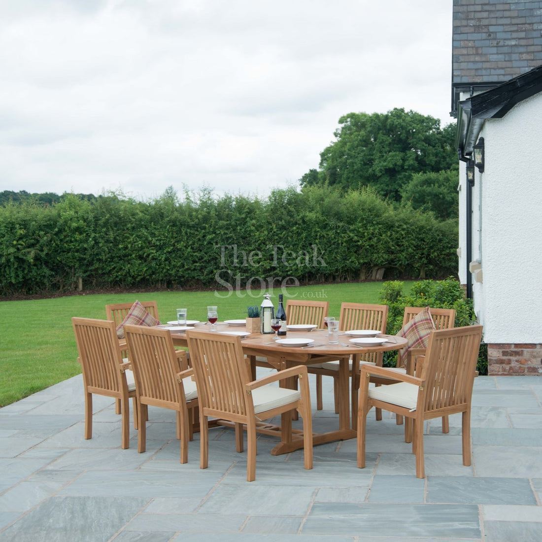 Teak Garden Furniture Dining Set 8 Seat Oval Extending Teak Table &  Winchester Stacking Chairs
