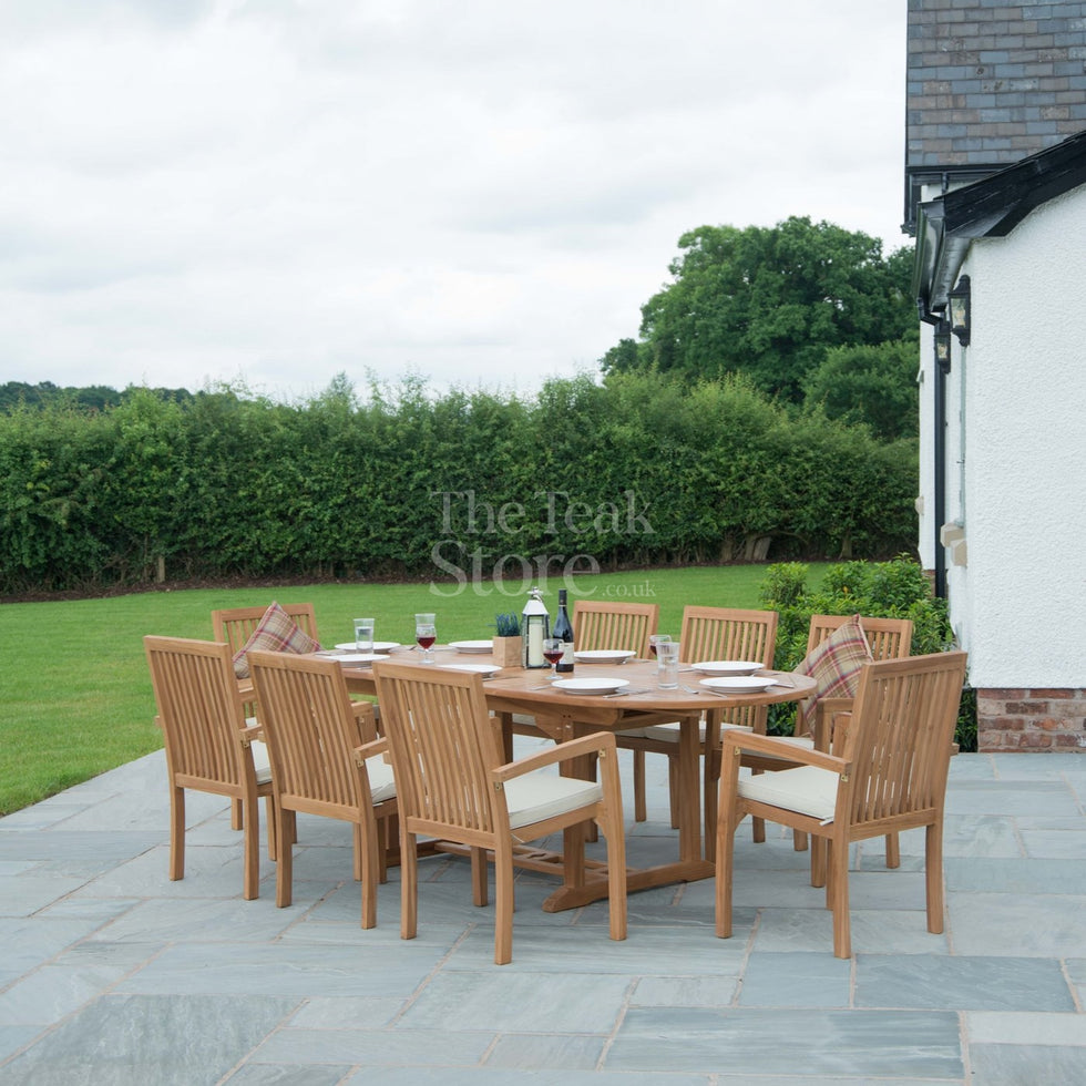 Teak Garden Furniture Dining Set 8 Seat Oval Extending Teak Table & Wi ...